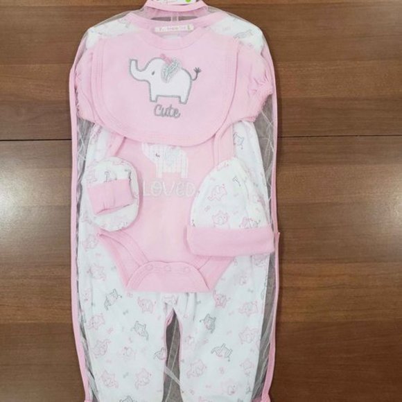 New Duck Duck Goose Girls 5-Piece Bring Home Baby Layette Pink & White Elephant - Picture 2 of 6